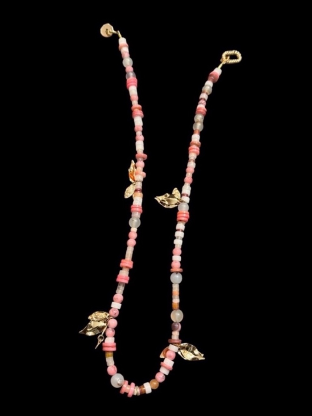 Pink Beads Gold Wings Long Necklace.